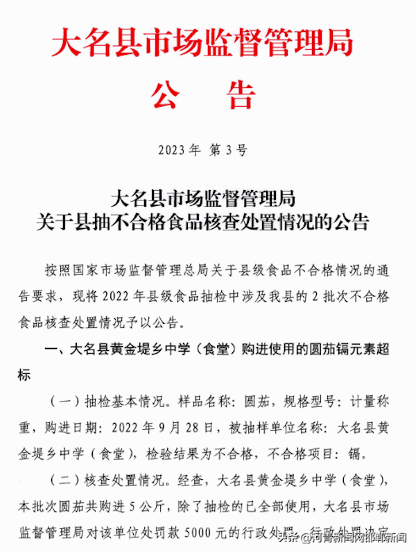 最新公告！大名县黄金堤乡中学(食堂)和大名县金滩镇焦庄社区曙光小学食堂被抽检出不合格食品