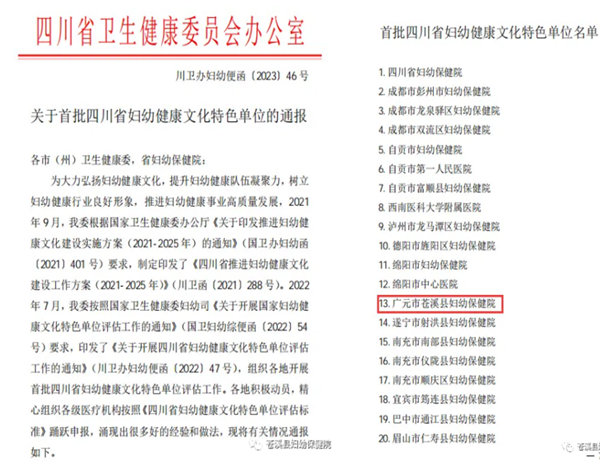 广元市首家！ 苍溪妇幼保健院获评“四川省妇幼健康文化特色单位”