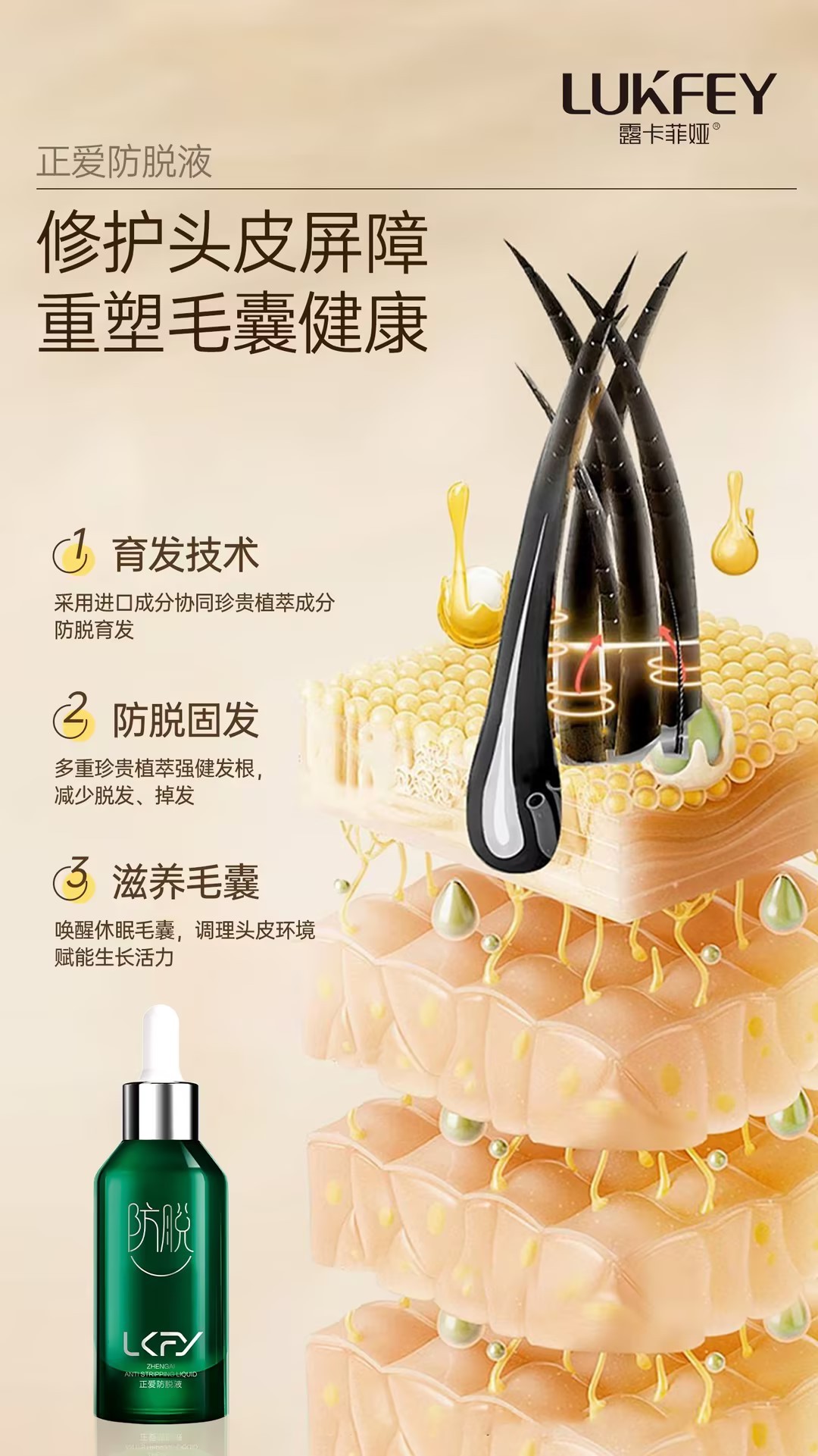 露卡菲娅防脱精华液，30天全周期育发路径，科学生发闭环！